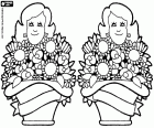 Een dubbele tekening voor de Moederdag. Twee moeders met twee manden gevuld met bloemen voor de viering van de dag van de Moederdag