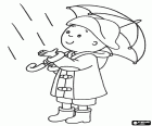 Caillou en de regen. Caillou ziet dat het begint te regenen. Het kind is volledig uitgerust voor de regen met paraplu, regenjas, laarzen van water en hoed