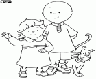 Caillou met zijn jongere zus Rosie en zijn kat Gilbert. Caillou is een zeer verantwoordelijke kind die veel voor zijn zusje en zijn kat zorgt