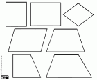Een collectie van veelhoeken met vier zijden en vier hoeken (vierhoeken of vierhoeken). De eerste vier zijn parallellogrammen: vierkant, rechthoek, rhomboid en ruit. De andere vier zijn trapezium (vierhoek met één paar parallelle kanten), onregelmatige vierhoek (vierhoek met geen parallelle kanten) en beide rechthoekige versies