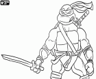 Leonardo is de ninja schildpad uit de maatstaaf. Leonardo met een katana in zijn hand en de andere op zijn rug