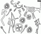 Een kleurplaat met gevarieerde graphics typisch van de prehistorie. Het belangrijkste thema van de prehistorische pictogrammen zijn de gesnuffel