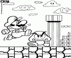 Een scène van een videogame Super Mario. De hoofdpersoon is Mario springen over zijn vijand Goomba onder de blik van lachende wolken