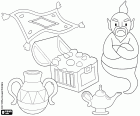 Het genie van de prachtige lamp, de schatten en het vliegend tapijt