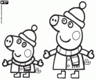 De broers Peppa Pig en George Pig met warme kleren in de winter. Peppa Big en George dragen jas, sjaal en muts