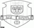 Schild van SFC Opava, Slezský fotbalový club Opava, voetbalclub met hoofdkantoor in Opava, de historische hoofdstad van Silezië, grensstad met Polen in het noordoosten van de Tsjechische Republiek, in de regio Moravië-Silezië