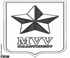 Embleem van de Maastrichtse Voetbal Vereniging Maastricht, MVV Maastricht, voetbalclub met het hoofdkantoor in Maastricht, de stad gelegen aan de oevers van de rivier de Maas en grenst aan België en in de buurt van de Duitse grens. Maastricht is een historische stad van toeristisch belang en de hoofdstad van de provincie Limburg