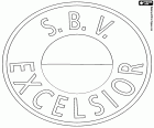 Embleem van SBV Excelsior, Stichting Betaald Voetbal Excelsior, voetbalclub met hoofdkantoor in Rotterdam, havenstad in het westen van Nederland. De haven van Rotterdam is de grootste haven van lading in Europa, heeft een strategische positie in de monding van de rivier de Rijn in de Noordzee