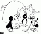 De pinguïn Pingu en zijn vrienden in de buurt van de iglo
