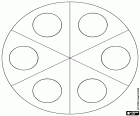 Chromatische diagram voor zes combinaties van kleuren. Een cirkel die is verdeeld in zes gelijke delen met een zes kleinste cirkels