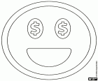 De emoticon van geluk met het geld. Smiley is het denken over het geld dat kan verkrijgen. Een smiley met een grote glimlach en de dollar-symbolen in de ogen