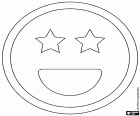 Smiley met sterren in plaats van de ogen en de open mond met een glimlach, deze emoticon betekent excitatie