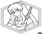 Een portret van Inuyasha in een zeshoekig lijst. InuYasha is de hoofdpersoon en op hetzelfde moment is een anti-held