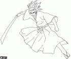 Renji Abarai in actie met het wapen. Hij is een shinigami, een personage uit Bleach