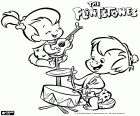 Pebbles is de gitarist en Bam Bam is de percussionist. De twee kleine kinderen in actie met de muziekinstrumenten in de film The Flintstones