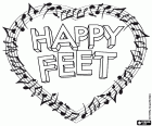 Het logo van Happy Feet binnen een notenbalk hartvormige met muzieknoten