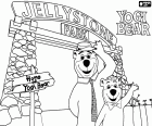Yogi en Boo Boo dragen bij de ingang van het Jellystone Park, een scène uit de animatiefilm