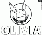 Het logo van Olivia met het gelukkig gezicht van het varkentje, de hoofdpersoon, gemaakt door Ian Falconer