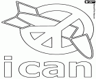 Het logo van de ICAN, de Nobelprijs voor de Vrede van 2017. De internationale campagne voor een afschaffing van kernwapens heeft de Nobelprijs voor de Vrede 2017 ontvangen. iCan, de initialen van de Engelse naam, international campaign to abolish nuclear weapons. Het logo symboliseert een nucleaire bom die gedeactiveerd wordt door het symbool van vrede