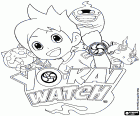 Het logo en de belangrijkste personages van Yo-kai Watch: Nate, Whisper, Jibanyan en Komasan