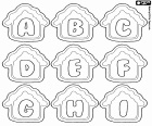De eerste negen letters van het alfabet in een kerst-koekje. De hoofdletters A, B, C, D, E, F, G, H en I in sommige koekjes-huizen