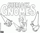 Een groep kabouters met het logo van de nieuwe film van Gnomeo en Juliet, Sherlock Gnomes
