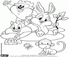 Drie personages Baby Looney Tunes spelen met andere kleine dieren, een aap, een schildpad, een slak en een kever