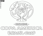 Logo van de Copa America Brazilië 2019 die tussen 14 juni en 7 juli 2019, in Brazilië plaatsvindt. De twaalf deelnemende ploegen zijn 10 van de CONMEBOL en twee uitgenodigde ploegen, Qatar en Japan. CONMEBOL zijn Argentinië, Bolivia, Brazilië, Chili, Colombia, Ecuador, Paraguay, Peru, Uruguay en Venezuela