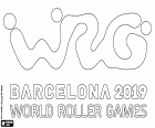 Logo van de World Roller Games Barcelona 2019. Elf Wereldkampioenschappen van sporten op kleine wiel in Barcelona en andere Catalaanse steden, Vilanova i la Geltrú, Sant Cugat del Vallès, Mollet del Vallès en Terrassa vanaf 4-14 juli 2019