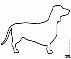 Een tekening met het kenmerkende langwerpige silhouet van een hond van het dachshund of teckelras, in de volksmond bekend als worsthond