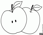 Een tekening met twee appels om in te kleuren. Een appel die in halve en een gehele appel wordt verdeeld