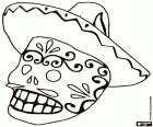 Een Mexicaanse schedel met de traditionele Dag van de Doden versieringen met de hoed, Un catrín, de mannelijke versie van de bekendere Catrina