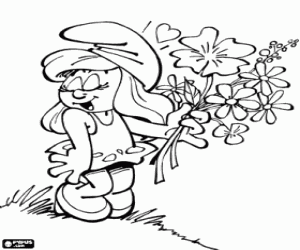 Smurfin met een boeket van bloemen kleurplaat