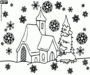 Sneeuwval op een kerk met Kerstmis kleurplaat