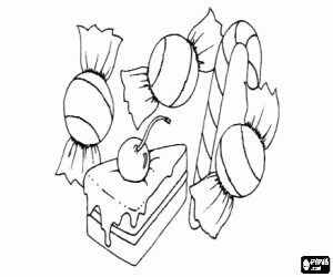 Een stuk taart en snoepjes kleurplaat
