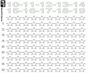 Tellen sterren van 10 tot en met 19 kleurplaat