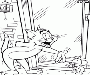 Tom en Jerry voor de deur kleurplaat