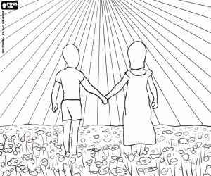 Twee kinderen genieten van het voorjaar kleurplaat