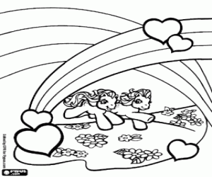 Twee pony's, regenbogen en harten kleurplaat