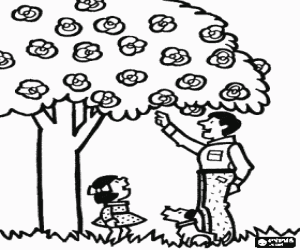 Vader en dochter een bloeiende boom kleurplaat