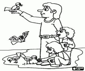 Vader met zijn zonen in het park kleurplaat