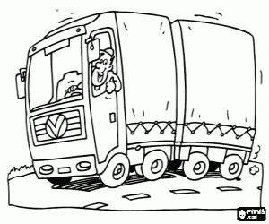 Vrachtwagen aanhangwagen met chauffeur kleurplaat