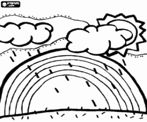 Zon, wolken, regen en regenboog kleurplaat